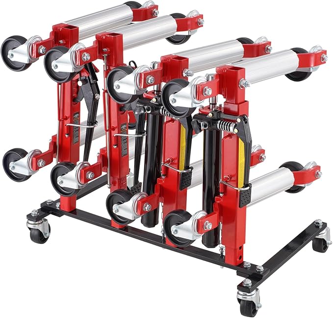 VEVOR Car Dolly Rack, Storage Rack with 360° Rotatable Wheels, Hydraulic Ratchet Trolley Jack Stand Organizer, Jack Stands Holder Storage Rack, 4-Dolly Capacity, Compatible with Most Dollies