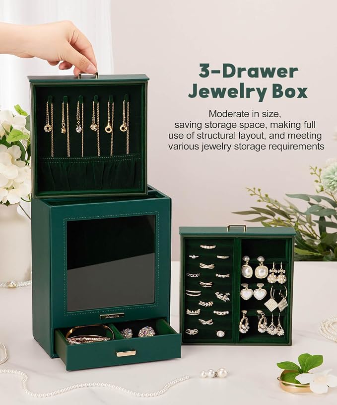 Homde Display Jewelry Box for Girls: Starter Organizer with Clear Window | Vertical Drawers for Earrings Rings Necklaces - Compact Footprint Fits Small Vanities - Birthday&Graduation Gift for Teens