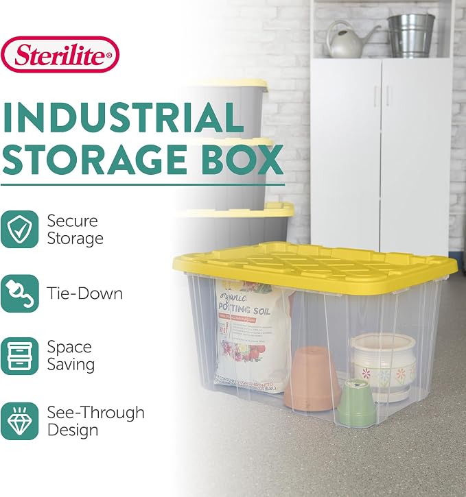 Sterilite 8-Pack 27 Gallon Industrial Tote, Clear Plastic Storage Container Bins with Yellow Lids - Heavy-Duty Organizing Containers for Closet, Bathroom, and Office