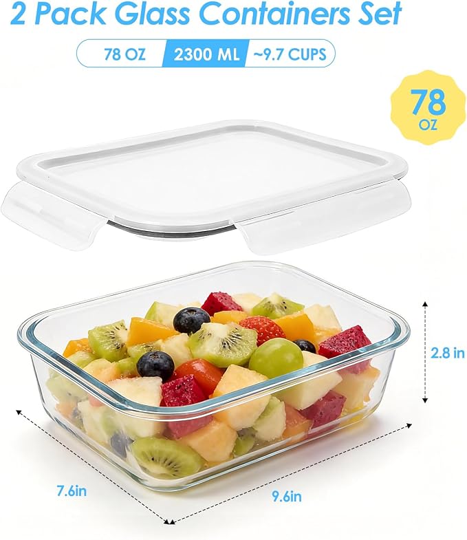2 Pack 78 Oz / 9.8 Cups Large Glass Food Storage Containers with Lids, Borosilicate Glass Meal Prep & Baking Containers, Airtight Leakproof, Microwave Oven Freezer Dishwasher Safe, BPA Free