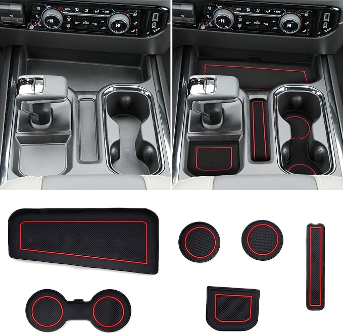 Silverado Sierra 1500 Console Liners - Compatible with Refreshed Models 2022-2026 Silverado/Sierra 1500 - [3D High-Edge Liquid Silicone] 6PCS Cup Holder Mats, Full Console w/Bucket Seats ONLY - Red