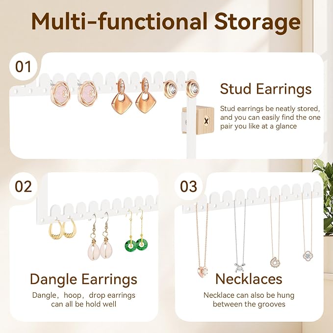 2 Tier Earring Holder Organizer Wall Mounted,2PCS Metal Earring Display Storage with 96 Holes and 92 Grooves Hanging Jewelry Organizer Tree for Stud/Hoop/Dangle Earrings Necklace(White)