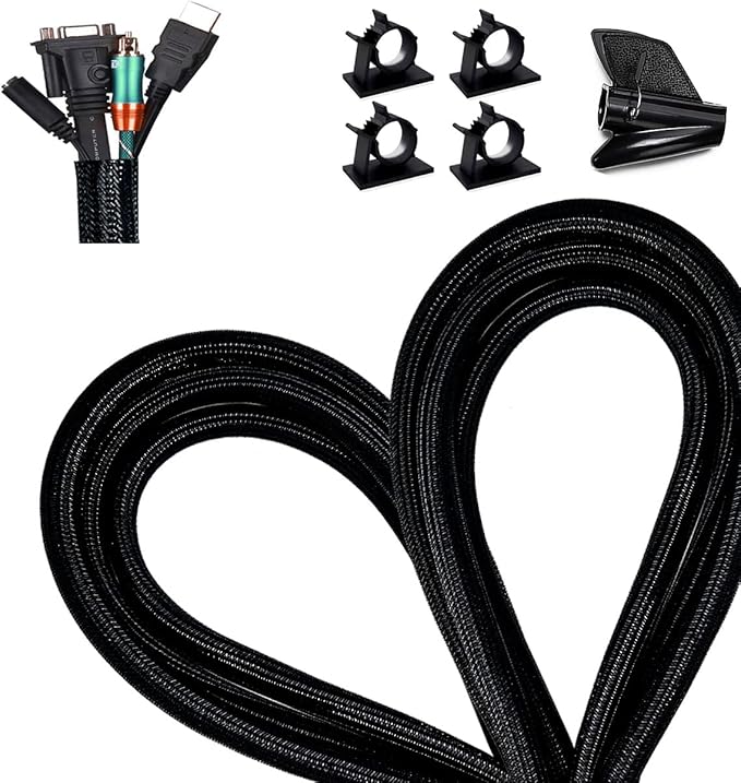 13 1/8ft -1/2 Inch Cord Management Sleeve Braided Split Black Cable Protectors Pet Proof - Braided Self-Wrapping Wire Loom Tube for Desk PC/TV/Computer/Projector/Home Theater/Engine Bay