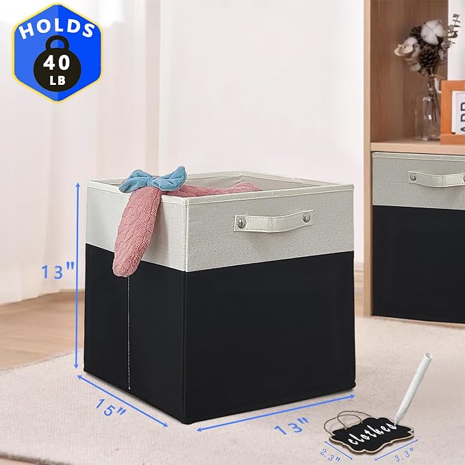 13x15x13 storage cube bins,Set of 4 Collapsible Fabric Storage Cubes with Labels,Linen Cube Storage Organizer Bins Kallax Storage Cubes for Organizing Office,Shelves,Cabinet,Clothes(White Black).
