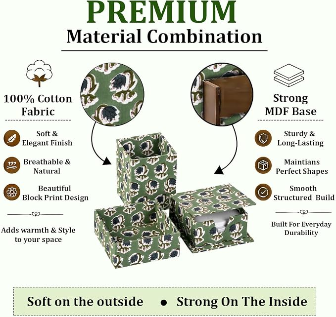 Ridhi Basil Green Block Print Handmade Office Desk Organizer Pen and Sticky Note accessories Holder Cute, Aesthetic, Decor workspace Caddy Gift for Office, Teachers, Professionals, Students