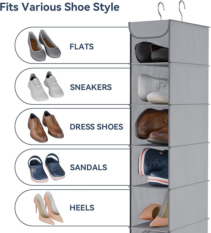 Whitmor Hanging Shoe Organizer, 8 Shelves-Hanging Closet Organizer, Hanging Shoe Rack for Small Closet, Hanging Shelves for Storage Shoes Clothes 11.5" D x 5.5" W x 41" H, Grey