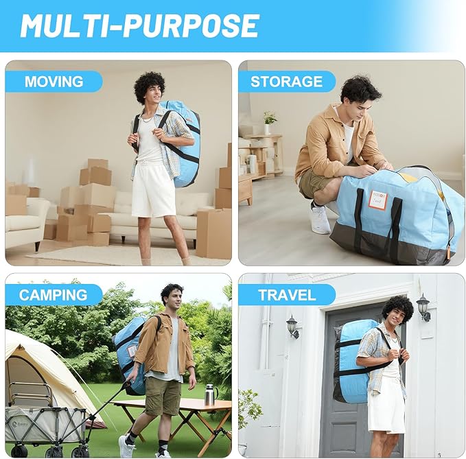 6 Pack Large Moving Bags, 115lb Capacity Heavy Duty Packing Bags with Internal Compression Straps, Storage Bag with Zippers and Strong Handles, Alternative to Moving Boxes -103L,Blue and Black