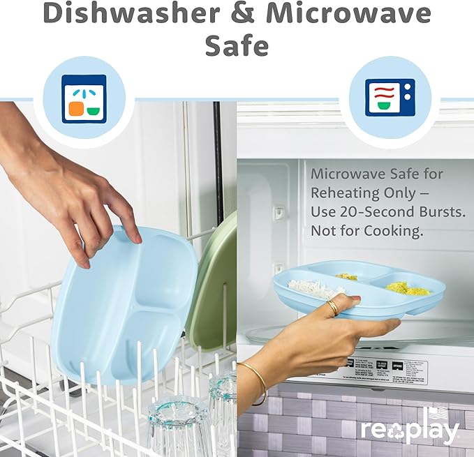 Re-Play Toddler Plates with Dividers - Deep-Walled 3 Compartments Divided Plates for Kids - Dishwasher & Microwave Safe - Made in USA - Set of 4-7.37" x 7.37" x 1.25" - Meadow