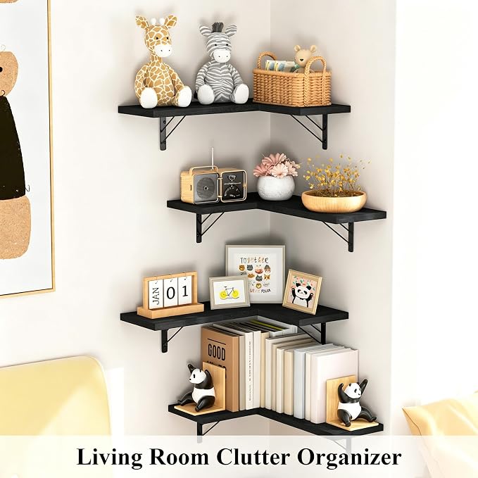 Love-KANKEI Corner Wall Shelf Set of 4，Solid Wood/Bracket,16.5"x 11",Black | Easy to Install,Floating Wall Shelves,40 Lbs/shelf,For Bedroom Living Room Bathroom Kitchen Office,Storage Display,Wall Decor