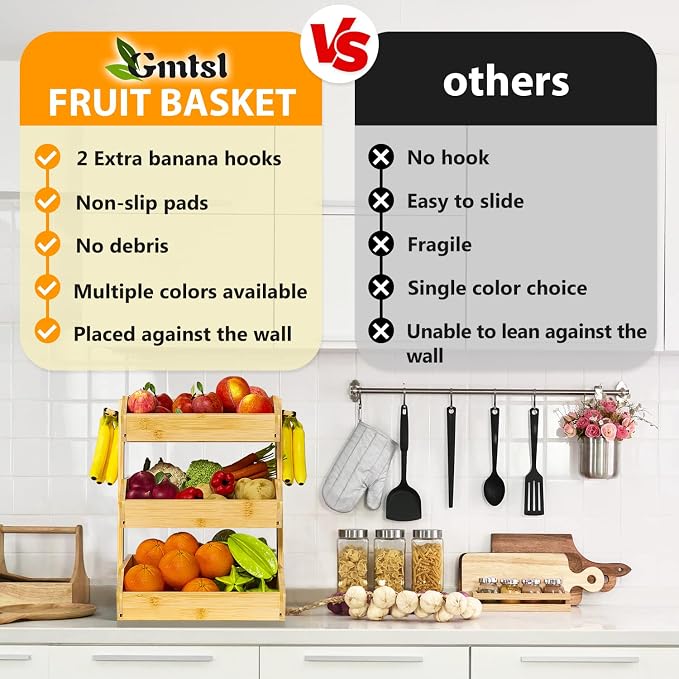 Gmtsl Bamboo Fruit Basket for Kitchen, Fruit Holder for Kitchen Countertop | 3 Tier Fruit bowl for Kitchen Counter, Fruit Stand, Vegetable Basket Storage, Produce Organizer, Bread Snack Display(Bamboo)