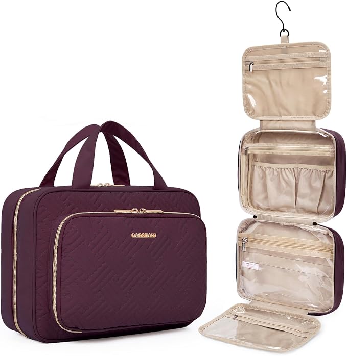 BAGSMART Toiletry Bag Hanging Travel Makeup Organizer with TSA Approved Transparent Cosmetic Bag Makeup Bag for Full Sized Toiletries（Cherry Red