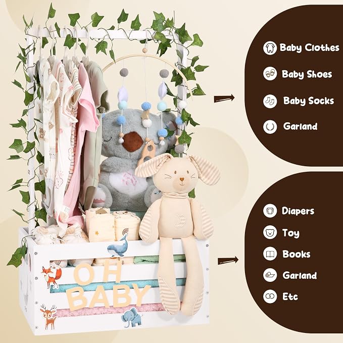 Large Baby Shower Gifts Basket Wooden Crate, Personalized Wooden Letters Hangers New Born Baby Girl Boy Pregnancy Gifts for New Mom Parents Vine Decorations Cute Closet with Adjustable Handle White