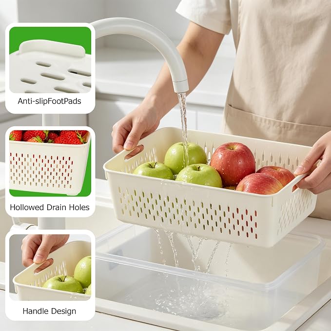 KUK 5 Pack Fruit Storage Containers for Fridge, Stackable Leakproof Food Keeper with Removable Colander, BPA-Free Produce Saver for Vegetables, Berries & Meat