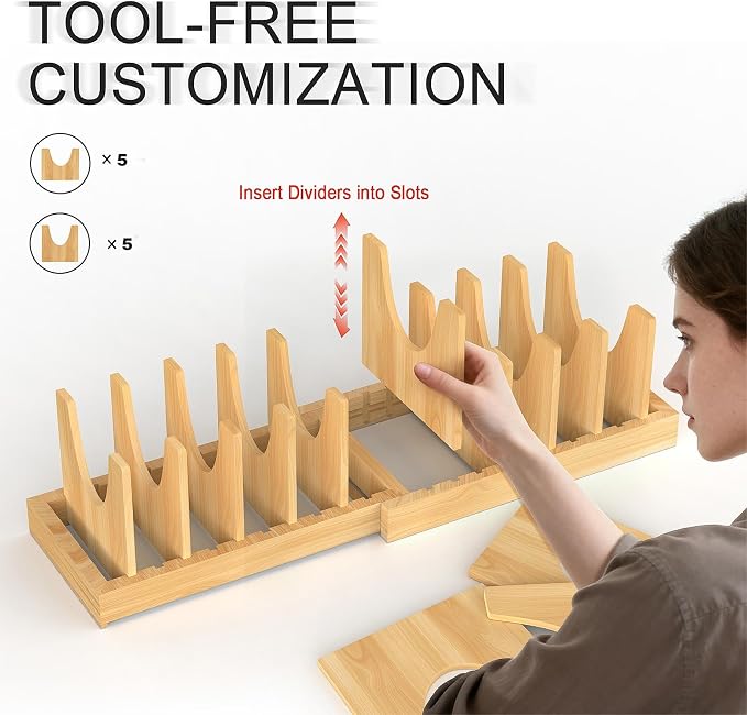 Bamboo Pot and Pan Organizer, Expandable Pot Lid Cutting Board Organizer | Pot and Lid Organizers Inside Cabinet, Adjustable Cutting Board Holder With Non-Slip Base for Kitchen Storage