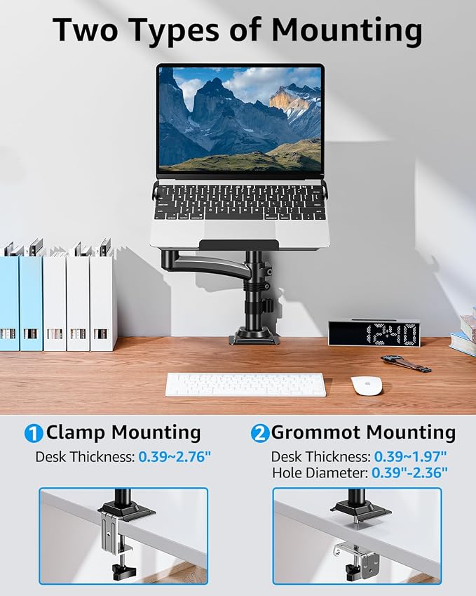 MOUNTUP Laptop Desk Mount, Adjustable Laptop Stand for max 17" Notebook or 32" Monitor, Laptops Arm Mount for Desk Holds 4.4-22lbs, Tall Laptops Stand with Clamp/Grommet