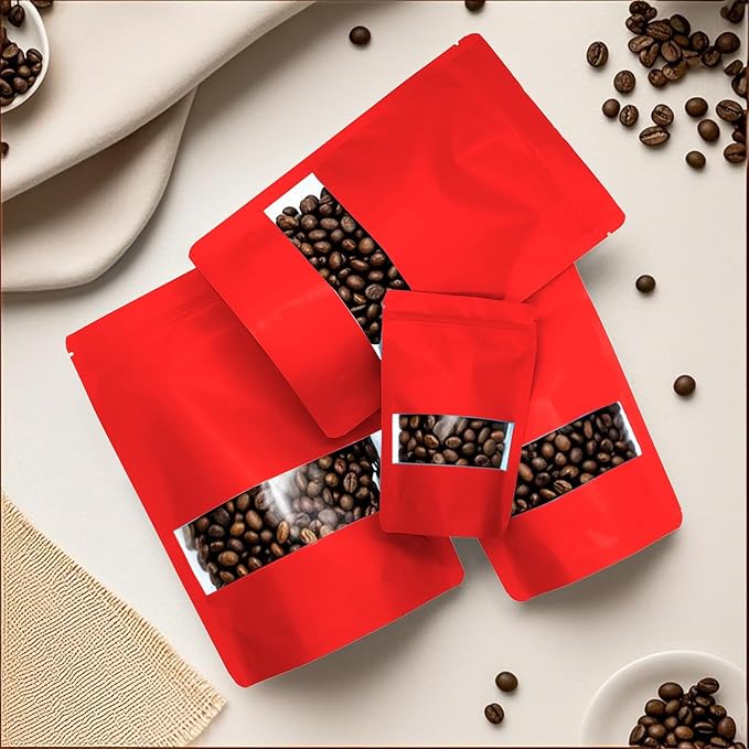 100PCS Foil Pouch Mylar Bags with Clear Window,ULIFESTAR Stand Up Sealable Bags with Tear Notches,Resealable for Food,Party Favors,Gift Packaging and Small Business(10 * 15cm/3.94 * 5.91",Red)