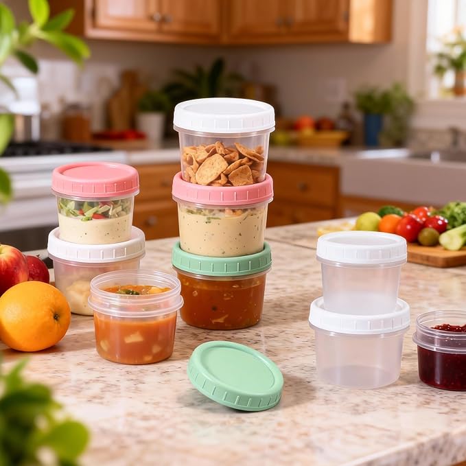 DEMORA 6 oz Small Plastic Containers with Twist on Lids [20 Sets], Stackable Little Food Storage Containers for Snack Lunch Meal Prep Salad Dressings, Freezer/Microwave/Dishwasher Safe, BPA Free