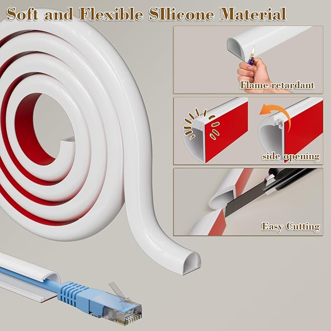 118”Cord Hider for Wall Mounted TV,Adhesive One-Cord Cable Hider for Wall,Cord Covers Raceway Kit for Wires Hider,Flexible Silicone Cable Concealer for Home Office,W 0.54”× H 0.39”
