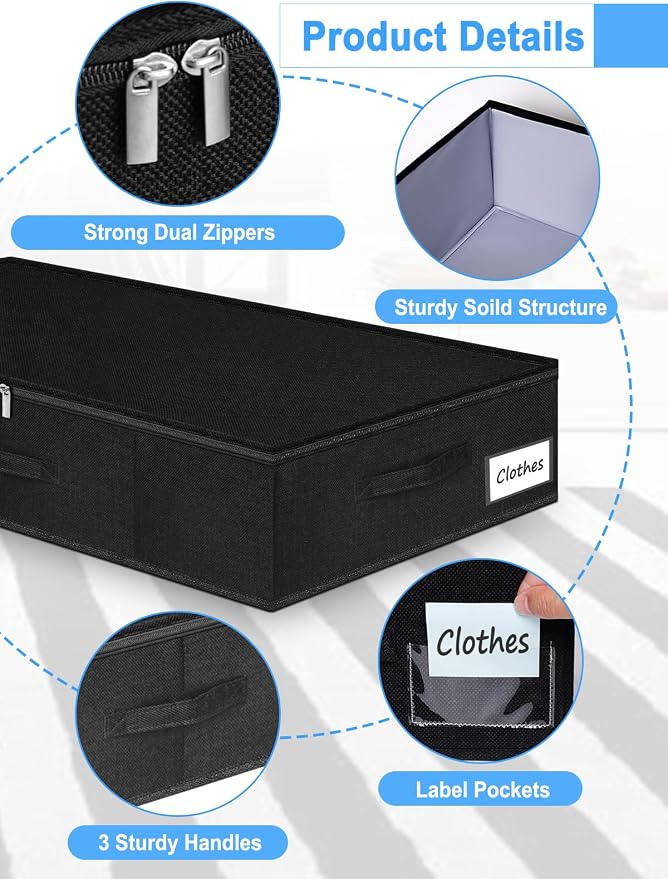 6.7-Inch Tall Under Bed Storage Bin with Zipper, Underbed Storage Container w/Rigid Sides & Bottom, Large Clothes Organizer Box for Bedroom, Dorm, Couch, Dressers, 30x15x6.7 Inches, Black