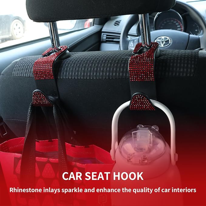 4PCS Bling Car Seat Headrest Hooks, Vehicle Back Seat Purse Handbag Hanging Holder with Crystal Rhinestone, Diamond Storage Organizer Hook,Bling Car Accessories for Women (Red)
