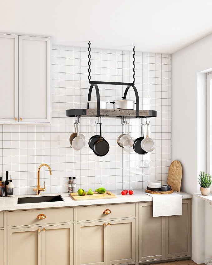 CHOEZON Hanging Pot Rack, Pot Hanger for Kitchen, Ceiling Mounted Pot Holder, Cookware Organizer with 12 S-Shaped Hooks, for Pot, Pan Storage, Space-Saving, Greige and Black TPR08BGC1