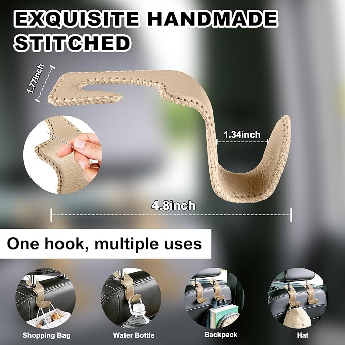 EldHus Car Seat Hooks for Purses and Bags, 4 Pack Car Purse Holder for Grocery Bag Handbag Clothes, Metal Headrest Hooks Covered by Leather, Beige