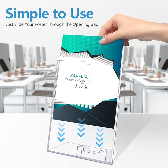 zavekia 8.5 x 11 Acrylic Sign Holder with Business Card Holder, Brochure Display Stand for desktop (8.5 x11 in/4 pack)