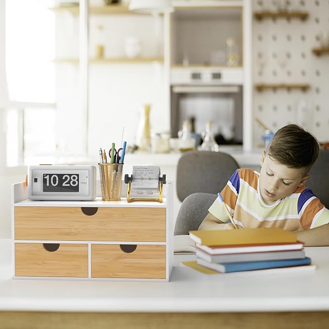 Bamboo Desk Organizer with Drawers, Desktop Storage for Office Supplies | 3 Drawers Desktop organizer, No Assembly Required, Natural Wood Wooden Desktop Drawers Box for Bills, Cosmetics, Seals, Paper