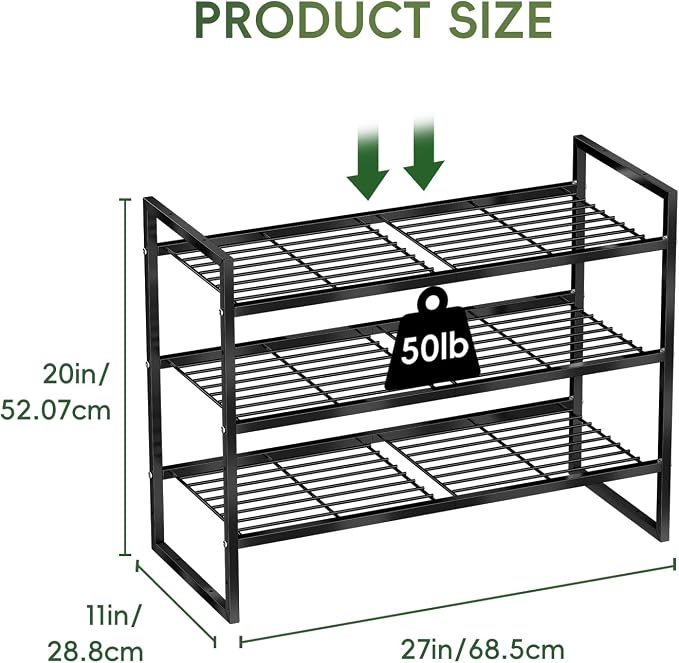 3 Tier Shoe Rack for Closet, 27 Inch Long Square Shoe Storage Organizer for Shelves, Heavy Duty Metal, Easy Assembly Stackable, Black
