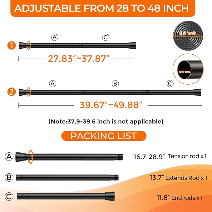 Tension Curtain Rod 28-48 Inch 7/8" Diameter, Adjustable No Drilling Rustproof Black Spring Loaded Curtain Rods for Window, Doorway, Bathroom, Closet, Kitchen, Shower Stall
