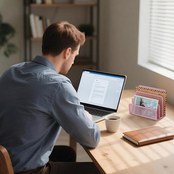 EASEPRES Desk Mail Organizer, Office Small Desktop Metal Mesh Envelope Letter Sorter Paper File Holder Organizer with 3 Vertical Upright Compartments, Pink 2 Pack