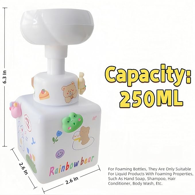 Flower Foam Dispenser Pump Bottle-250ml Reusable Plastic Soap Dispenser for Shampoo, Hand Soap&Bath, Includes Cute Stickers, Perfect for Kids Bathroom Or Kitchen (Transparent)