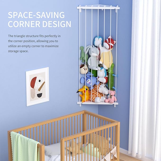 Stuffed Animal Storage Shelf Organizer(Patented) - Corner Stuffed Animal Holder Length Adjustable - Wall Plush Storage for Nursery Playroom Bedroom Kids Room (Milky White, Standard)
