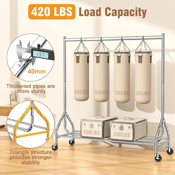 EAGMAK Heavy Duty Clothes Rack Load 420 LBS, Rolling Garment Rack with Lockable Wheels, Standing Metal Clothing Rack, Portable Wardrobe Sturdy Coat Rack for Hanging Clothes (Silver, 59″×18.9″×63″)