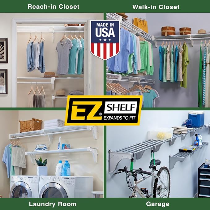 EZ Shelf - White Expandable 65.3” to 120” Closet Rod and Shelf - 200 lbs. Capacity – Quick - Install Closet Shelves for Closets, Laundry Rooms, and Offices – Mounts to Back Wall with 2 End Brackets