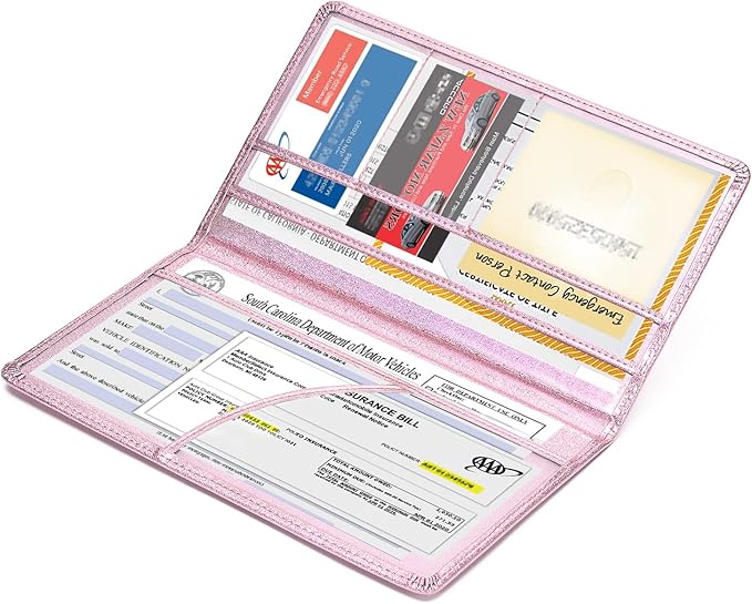 HERRIAT Car Registration and Insurance Card Holder,Glitter Leather Vehicle Glove Box Automobile Documents Paperwork Wallet Case Organizer for ID, Key Contact Information Cards,Men&Women