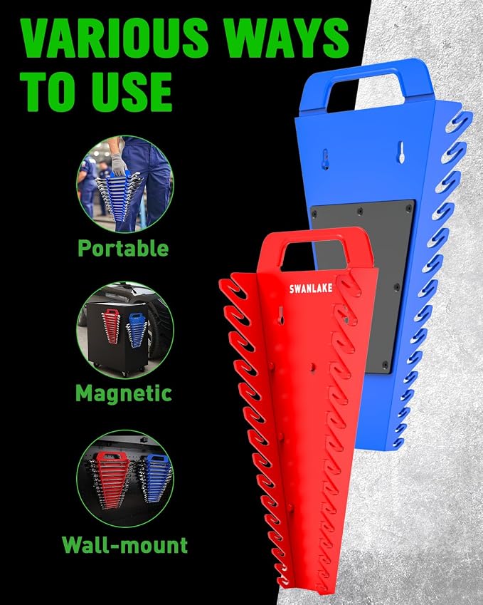 SWANLAKE Magnetic Wrench Organizer Toolbox Holder, 2-Pack SAE (1/4'' to 1-1/16''), Metric (6mm to 27mm) Ratchet Wrench Organizers, Total Hold 30 Slots Wrench Holders for Tool Box
