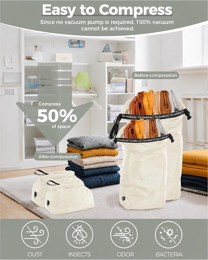 Travel Compression Laundry Bag, Pump-Free Vacuum Space Saver Bag for Dirty Clothes, Reusable Waterproof Wet Dry Bag, Travel Laundry Bag for Luggage, Packing, Suitcase (2 Pcs)（White, M + L)