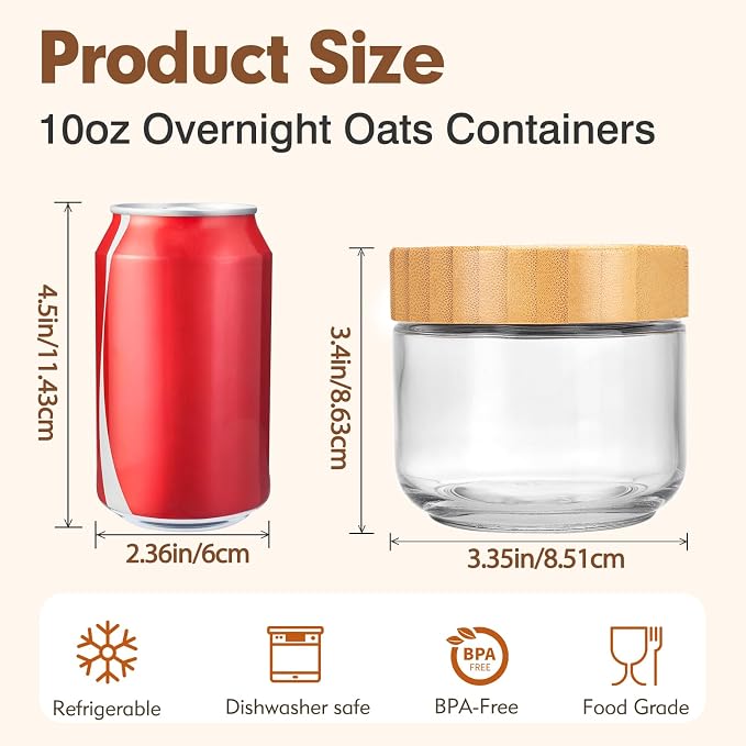 6pcs Glass Overnight Oats Containers with Lids, 10oz Storage Containers | Glass Storage for Dry Food, Jars with Bamboo Lids for Yogurt & Salad, Portable for Picnic & Lunch
