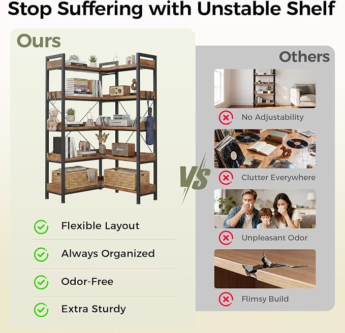 GTPLAYER 5-Tier Corner Bookshelf, L-Shaped Metal Frame Shelf with Tall 14" Shelves, Plant Stand and Storage Rack for Small Spaces, Living Room and Home Office, Vintage Brown