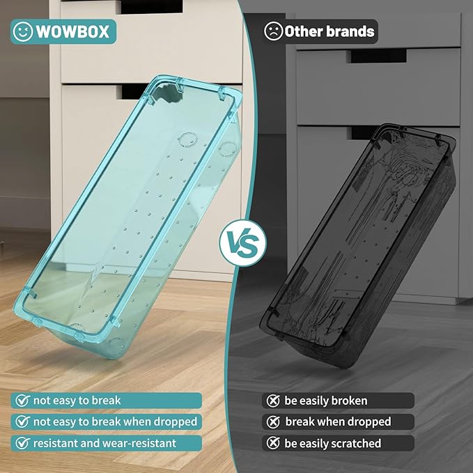 WOWBOX 8 PCS Plastic Drawer Organizer Set, 4 Sizes Desk Drawer Organization and Storage Containers for Makeup, Cosmetics, Jewelry and Gadgets in Kitchen, Bathroom, Bedroom, Office, Clear Sea Blue