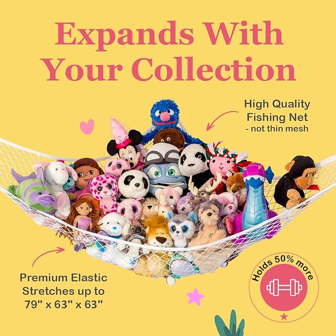 Lilly's Love Large Stuffed Animal Hammock | Corner Hanging Organizer, Toy Storage, Stuffed Animal Storage Net | Made From High Quality Fishing Net, Holds 12lbs | 79"x63"x63" (Pink)