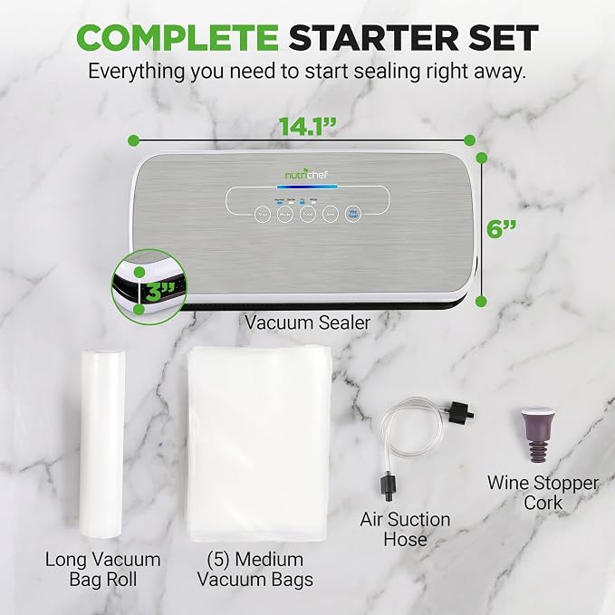 NutriChef Automatic Vacuum Air Sealing System for Food Preservation with Starter Kit, Compact Design, Lab Tested, Dry & Moist Food Modes with Led Indicator Lights, Silver