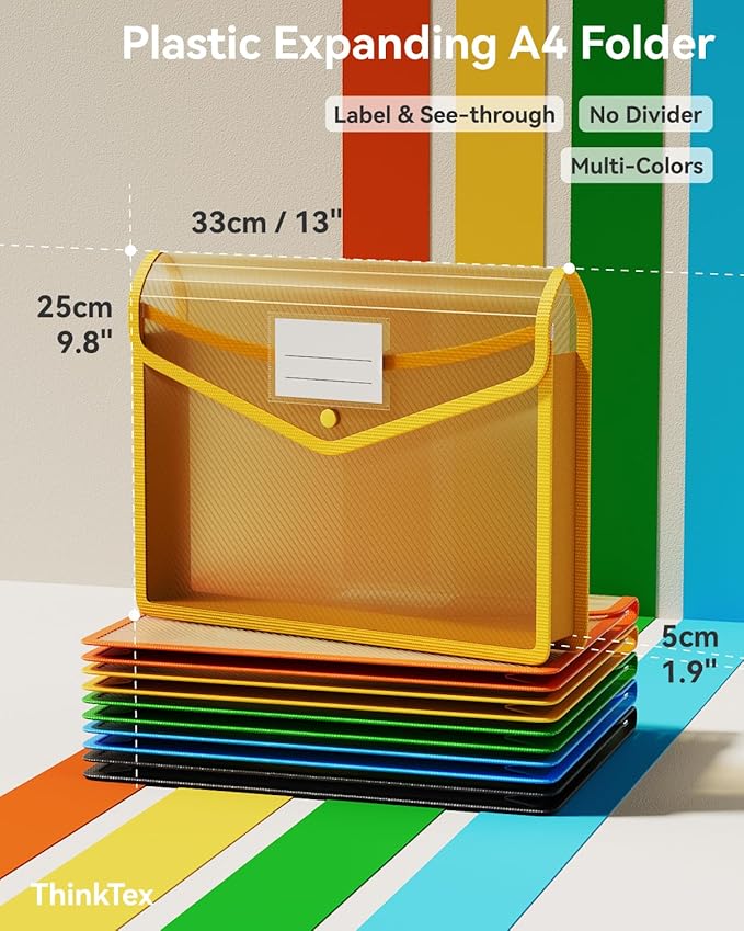ThinkTex Plastic Expanding File Folder, Transparent Envelopes with Snap Closure, No Dividers, Large Capacity, Assorted Colors, Fits Letter / A4 Size - 5 Pack | No Dividers, Large Capacity, Assorted Colors, Fit Letter/A4 Size - 5 Packs