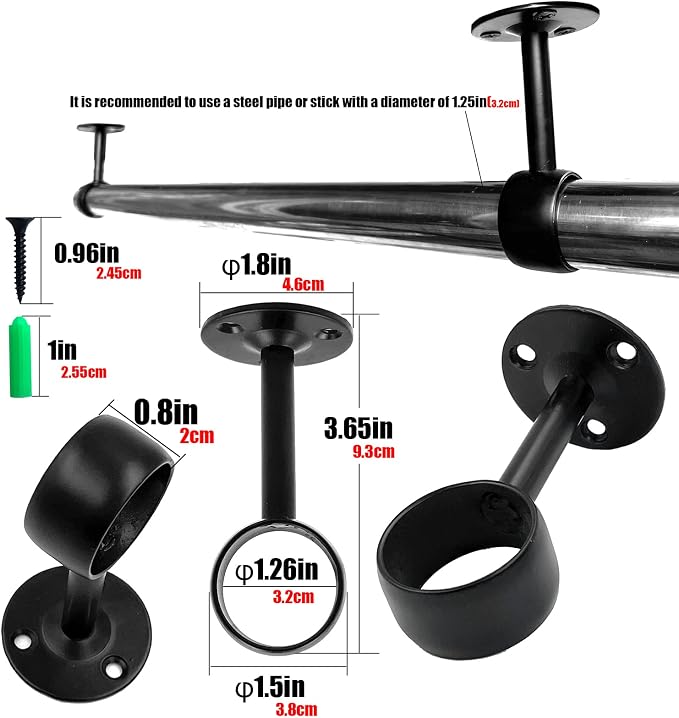1-1/4 Inch 4 Packs Black Heavy Duty Stainless Steel Closet Rod End Supports Closet Pole Sockets Curtain Rod Brackets， Closet Rod Brackets (Qualcomm Flange)