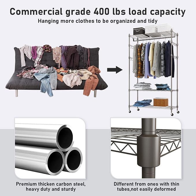 Heavy Duty Clothes Rack, Adjustable Rolling Garment Rack with Shelves, Freestanding Wardrobe Rack 1 Clothes Hanging Bar, 3 tired Wire Shelving, 4 Hanger Hooks - Hold Up to 400Lbs (Gray, 1Rod 4Hook)