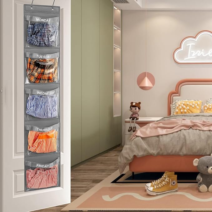 2 Pcs Day of Week Clothing Organizer Monday to Friday School Clothes Organizer for Kids Weekly Hanging Closet Organizer (GREY)