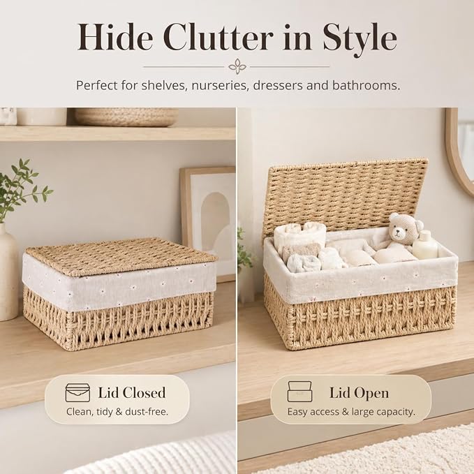 1PC Woven Storage Basket with Lid for Closet Shelf-Khaki Large | Bathroom, Closet & Shelf Storage Basket, Sewing & Towel Basket, Blanket & Toy Storage, Woven Basket with Liner