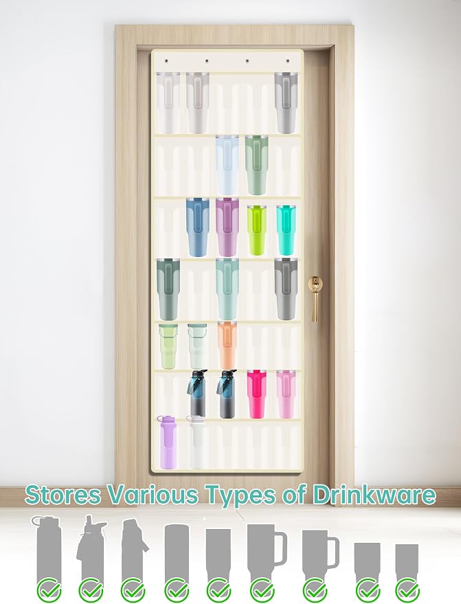 NiHome 35-Pocket Door Hanging Cup Organizer Fit for Stanley Tumbler 30 40oz | Large Capacity Over the Door Water Bottle Storage with Nano Tape, Waterproof Oxford Fabric, U-Shaped Handle Slots (Beige)