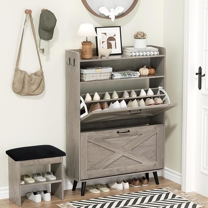EOYUTLLY Shoe Cabinet with Bench, Shoe Organizer Cabinet with 2 Flip Drawers & Open Shelf, Narrow Shoe Storage Cabinet for Entryway, Freestanding Shoe Rack with Legs, Grey